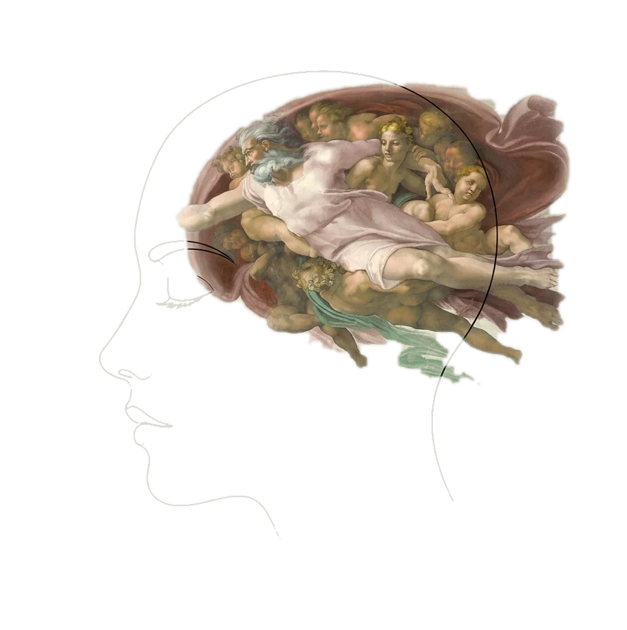A serene profile drawn in a single chalk line on the ink page; the God-side of The Creation of Adam sits in fresco color as the brain, its rose mantle billowing past the drawn skull line — the layer larger than the head that carries it