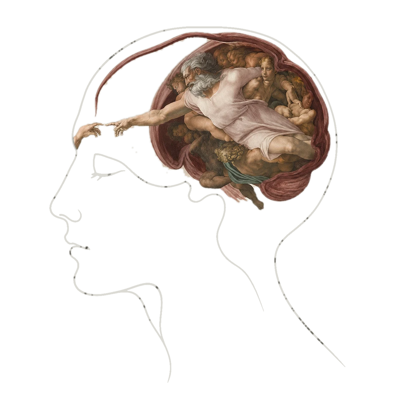 A serene profile drawn in a single chalk line on the ink page; inside the cranium, the God-side of Michelangelo's Creation of Adam sits in fresco color as the brain — and at the brow, the two hands meet inside the mind